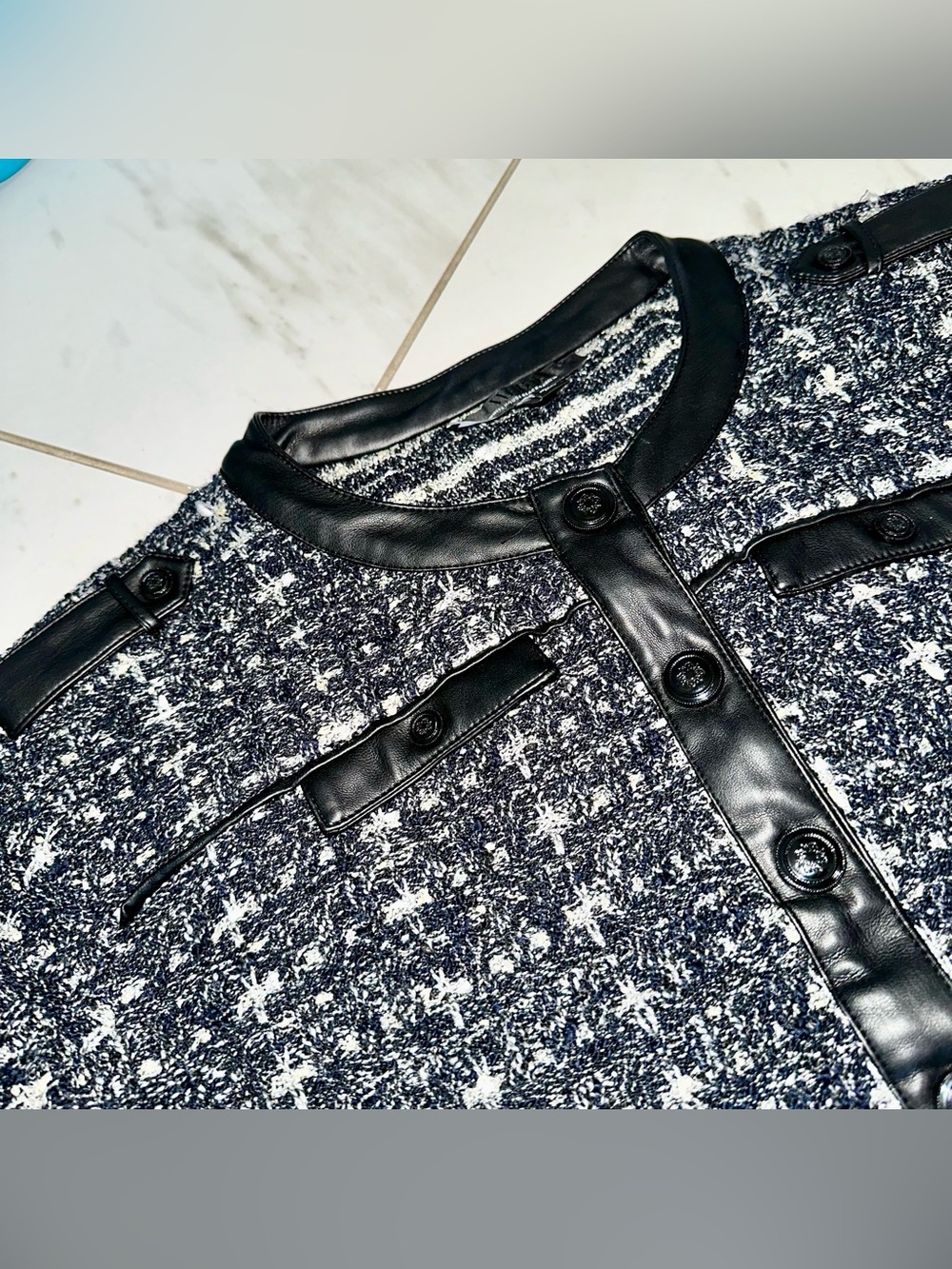 WHBM Cropped Tweed Jacket Black Slight Blue Faux Leather Size Large